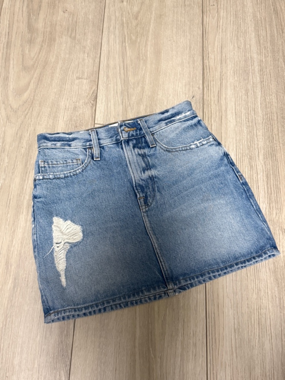 Frame Denim Light Blue Distressed Denim Mini Skirt